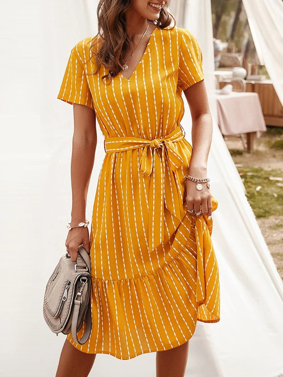 Beth Dutton Wardrobe Summer Short Sleeve Waist-Controlled Lace-up Women's Midi Dress