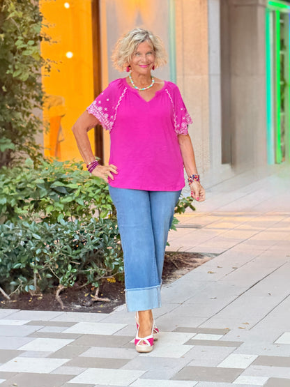 PINK  FLORAL EBROIDERY TOP