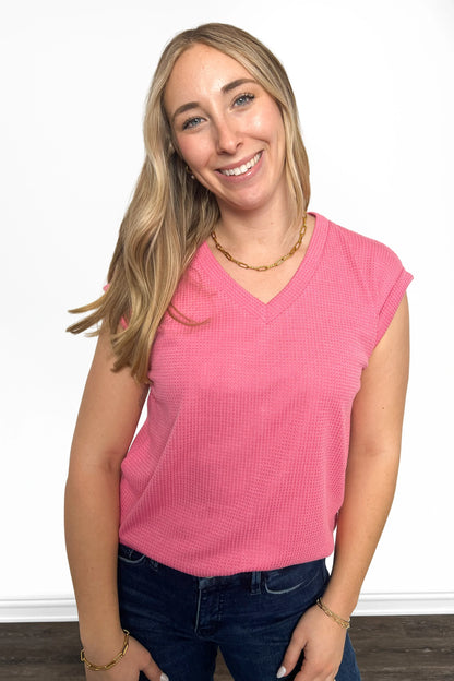 Women's Relaxed Waffle Knit V-Neck Short Sleeve Top
