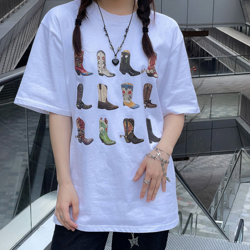 Boot Western T-Shirt Women Summer Loose Vintage Boho Texas