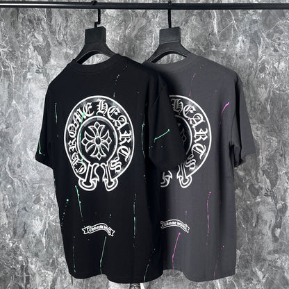 CHH Chrome Heart T Shirts Cross Leather Print Short Sleeve T-Shirt Loose