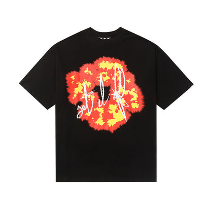 Denim Tears T Shirts Flame Wood Cotton Printed Loose Short Sleeve T-shirt