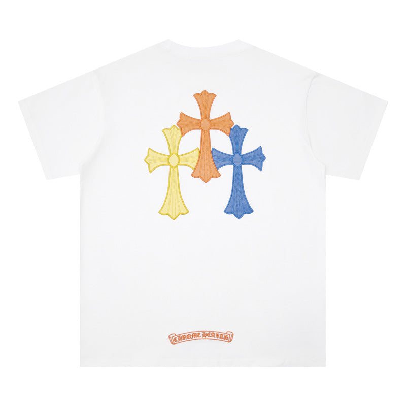 CHH Chrome Heart T Shirts Cross Leather Print Short Sleeve T-Shirt Loose