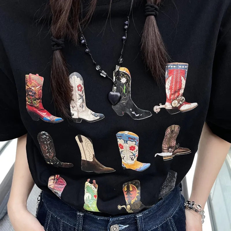 Boot Western T-Shirt Women Summer Loose Vintage Boho Texas