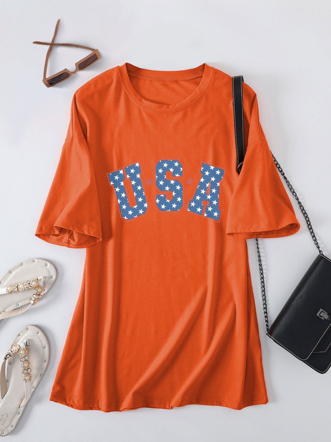 Crew neck short-sleeved usa printed T-shirt casual and loose