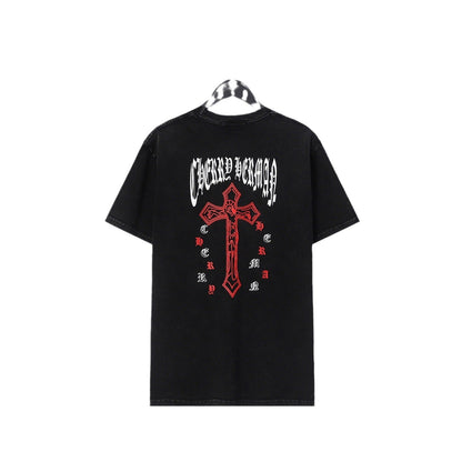 CHH Chrome Heart T Shirts Cross Sanskrit Printed Crew Neck Washed Short Sleeve Fashion T-Shirt