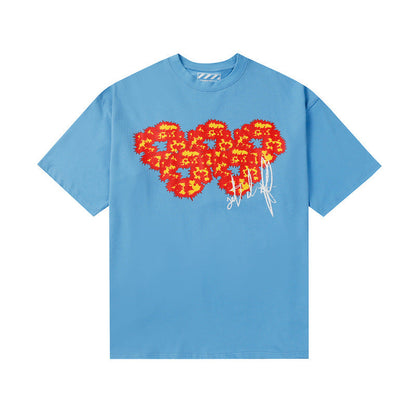 Denim Tears T Shirts Flame Wood Cotton Printed Loose Short Sleeve T-shirt