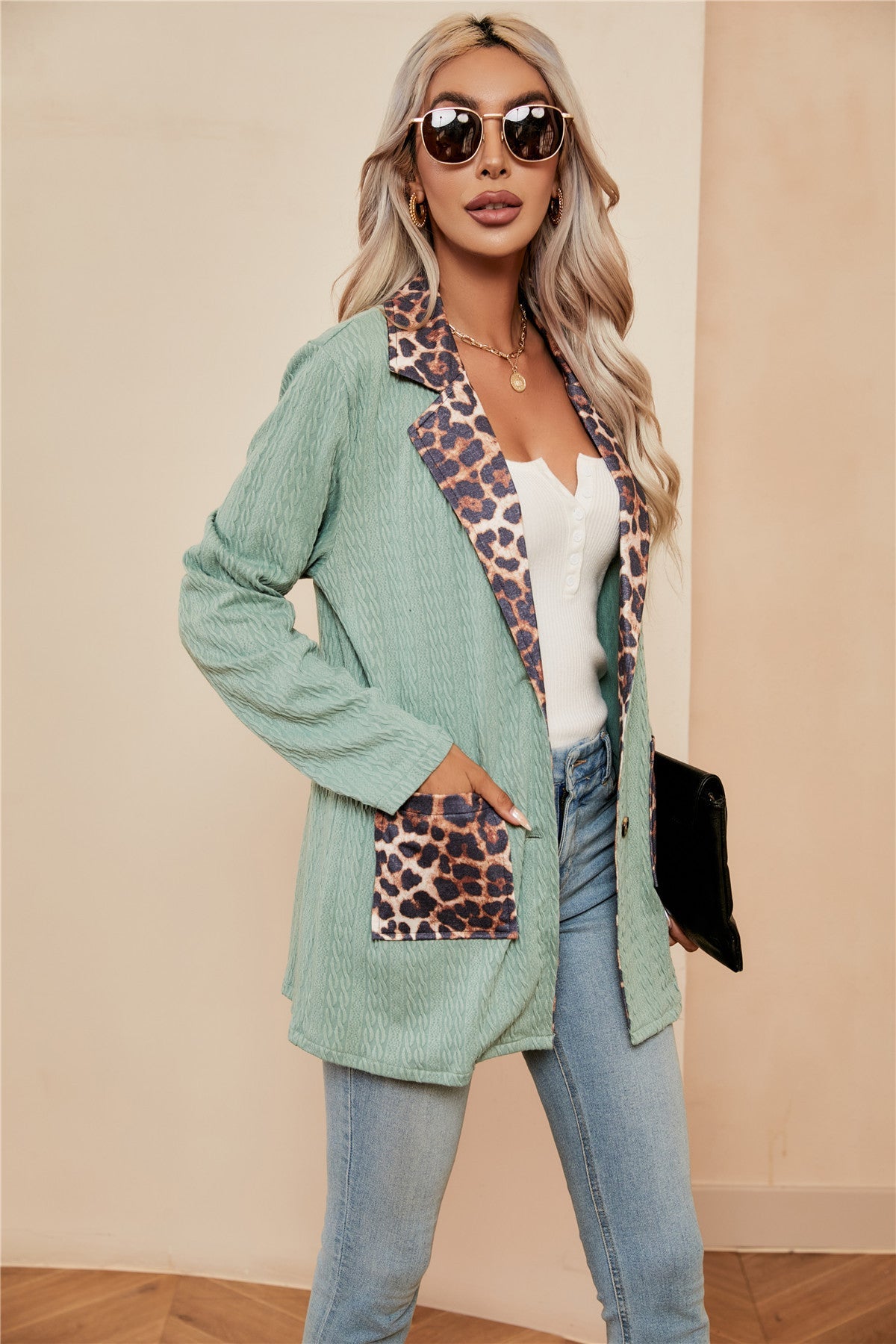 Beth Dutton Wardrobe Leopard Splicing Cardigan Women's Suit Lapel Suit Jacket Tops