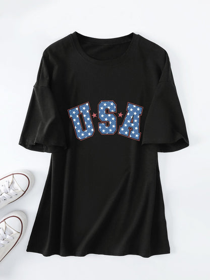 Crew neck short-sleeved usa printed T-shirt casual and loose