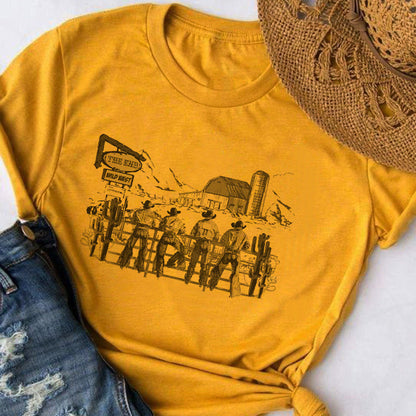 Cowboy Rodeo Hand Drawn Graphic T-Shirts Loose Short Sleeve