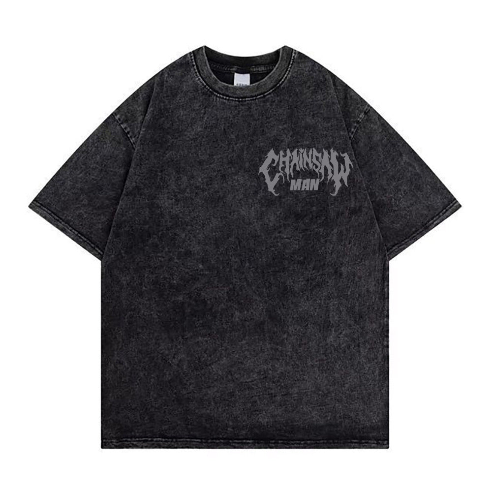 Chainsaw Man Washed Old Retro T-Shirt Street Casual Summer Short Sleeve