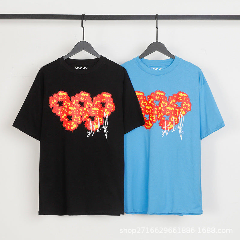 Denim Tears T Shirts Flame Wood Cotton Printed Loose Short Sleeve T-shirt